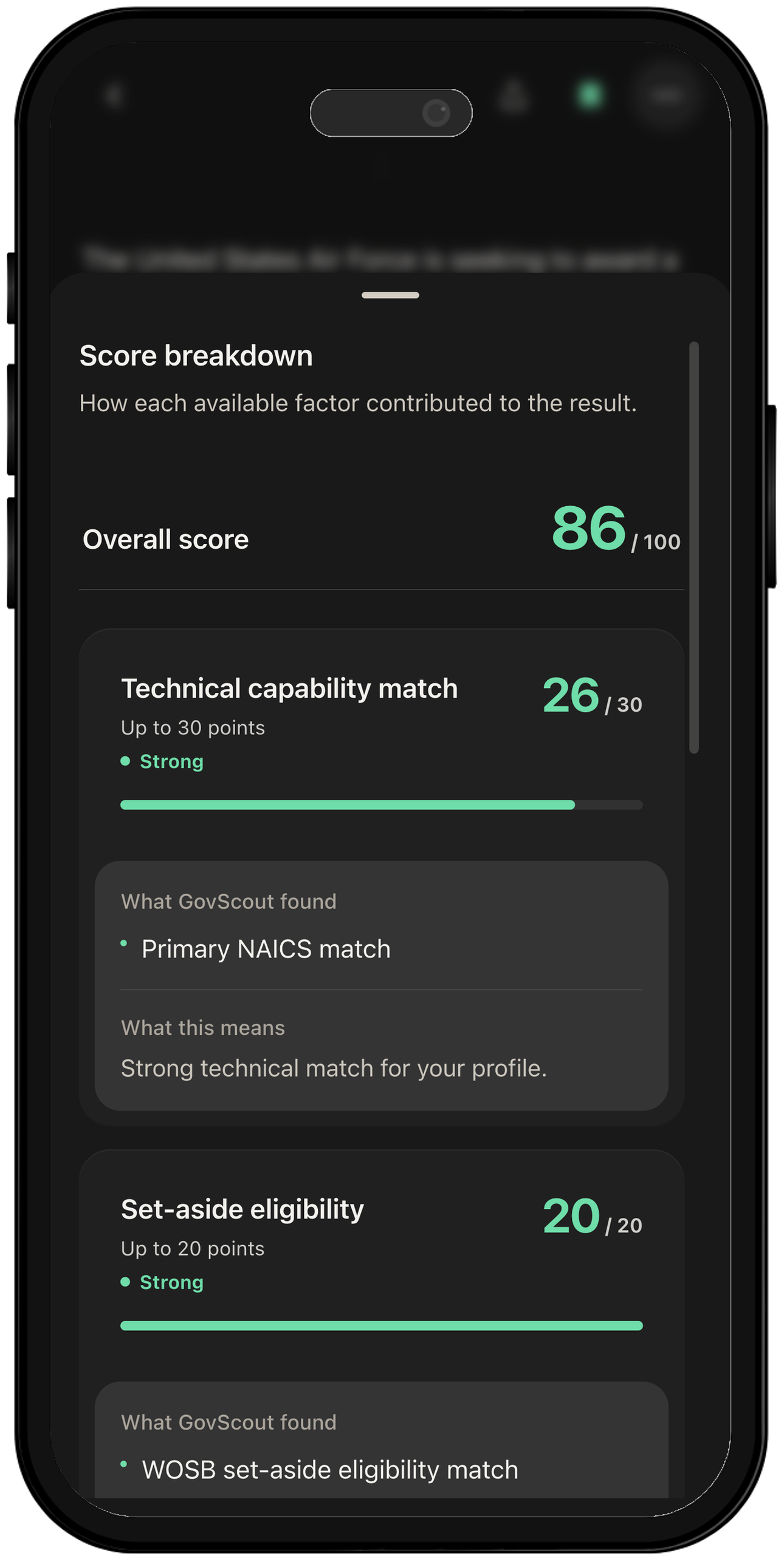 Score breakdown in the mobile experience