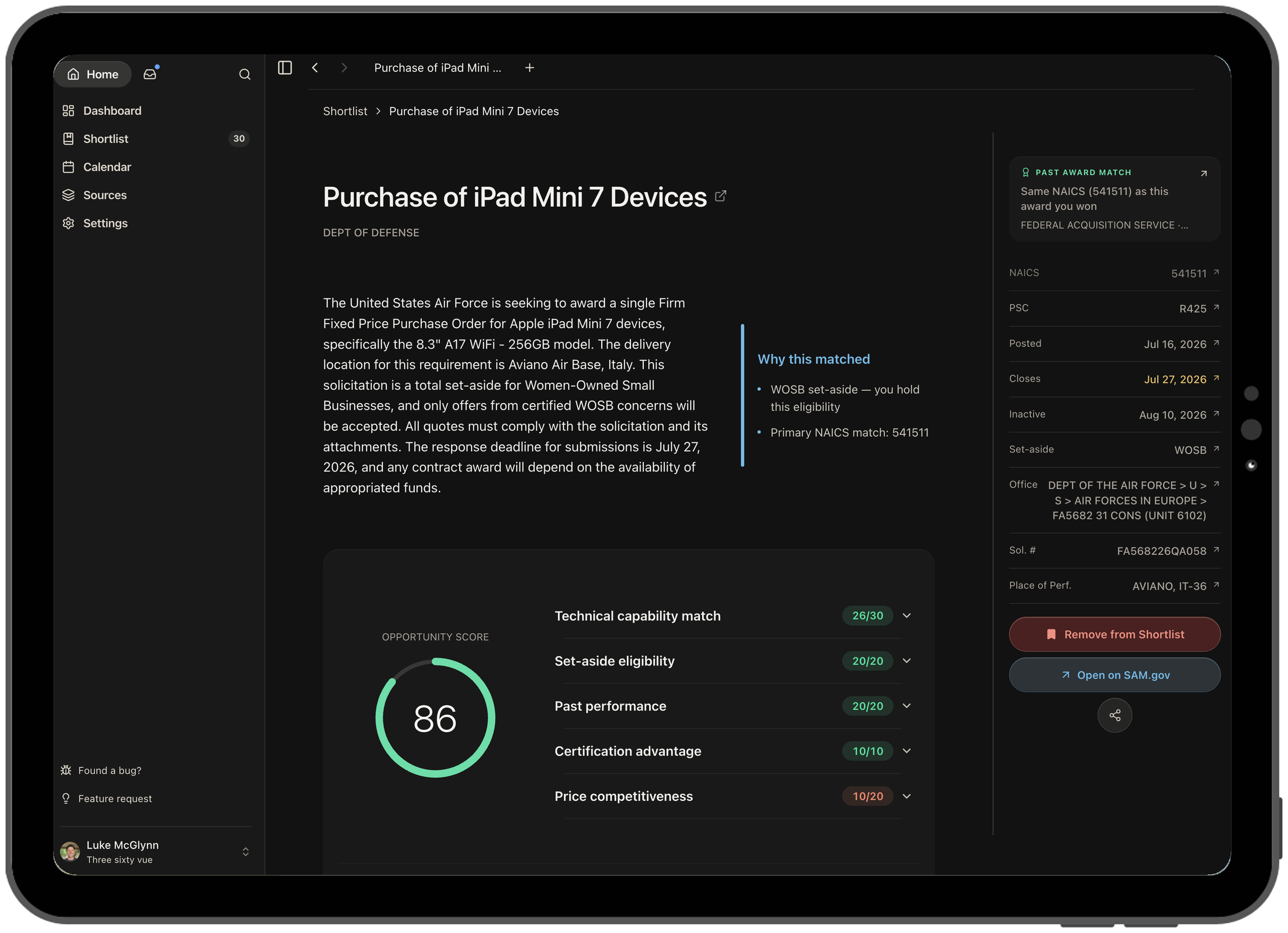 Opportunity details in the tablet experience