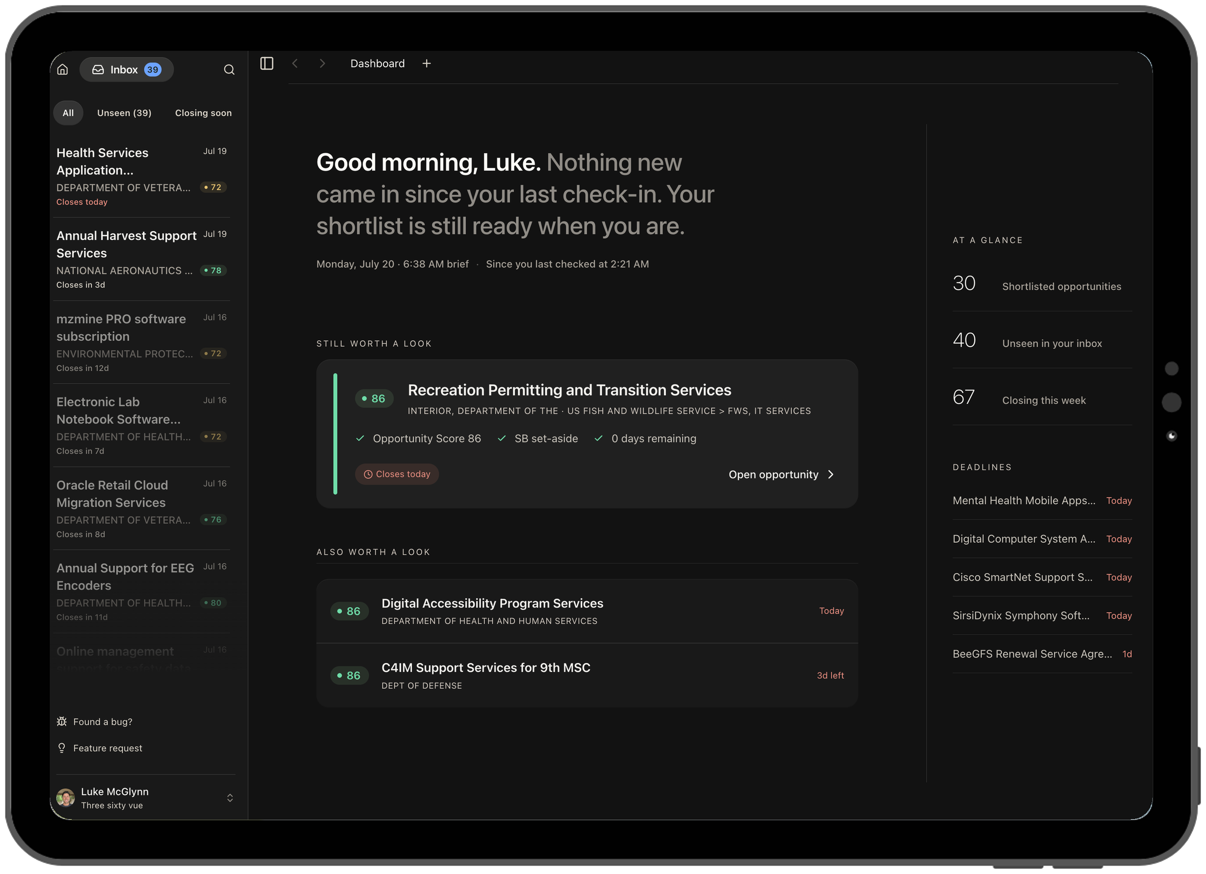 Inbox in the tablet experience
