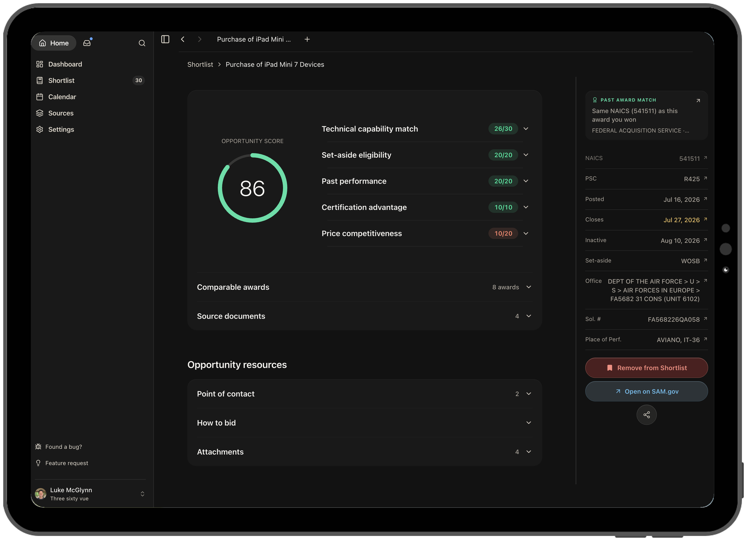 Score breakdown in the tablet experience