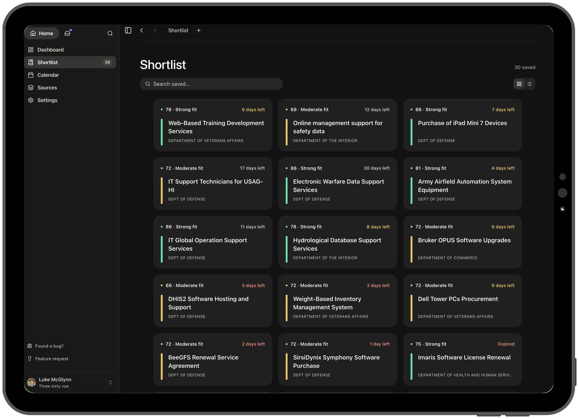 Shortlist in the tablet experience
